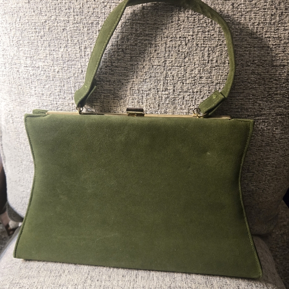 Vintage Ande Olive Green Velour/Suede Clutch Bag Gold Hardware 12" X 7.5" 1950's - Picture 2 of 4